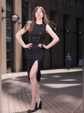 Women’s Black Sleeveless Sheath Dress with Front Slit